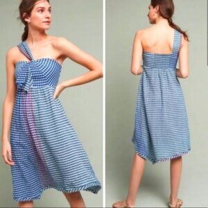Anthropologie Maeve Blue Pink Checkered Textured Waverly One Shoulder Dress